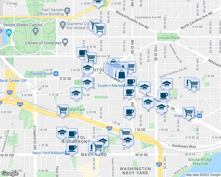 map of restaurants, bars, coffee shops, grocery stores, and more near 101 Independence Avenue Southeast in Washington