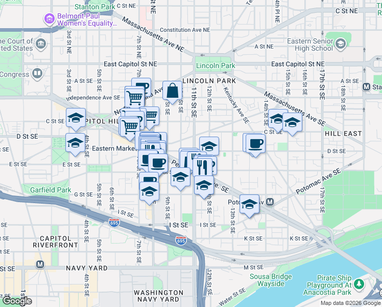 map of restaurants, bars, coffee shops, grocery stores, and more near 101 Independence Avenue Southeast in Washington