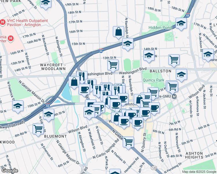 map of restaurants, bars, coffee shops, grocery stores, and more near 4301 11th Street North in Arlington