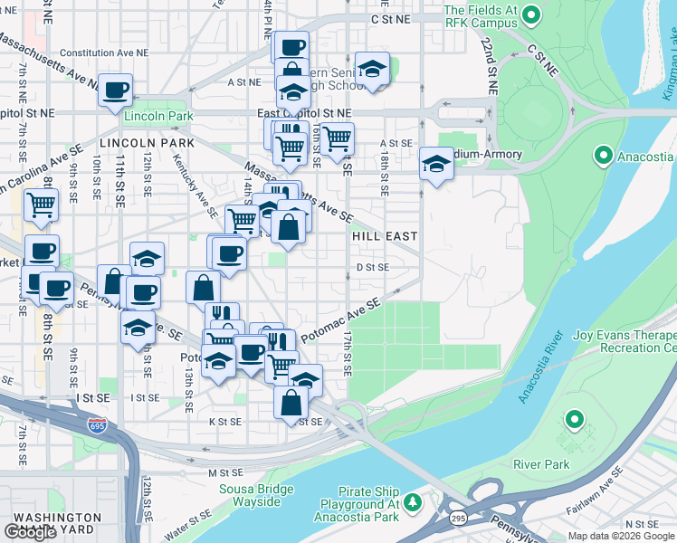 map of restaurants, bars, coffee shops, grocery stores, and more near 1633 D Street Southeast in Washington