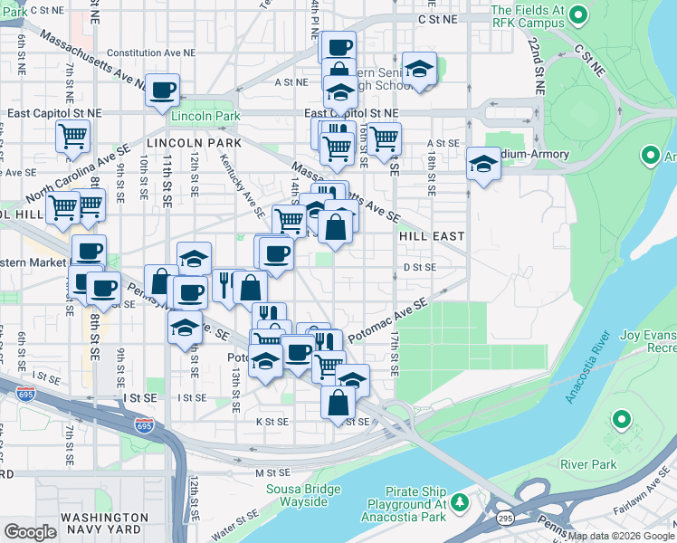 map of restaurants, bars, coffee shops, grocery stores, and more near 101 Independence Avenue Southeast in Washington