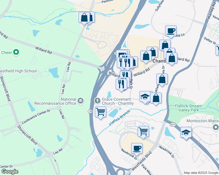 map of restaurants, bars, coffee shops, grocery stores, and more near 4504 Brookfield Corporate Drive in Chantilly