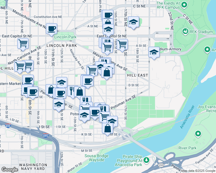 map of restaurants, bars, coffee shops, grocery stores, and more near 101 Independence Avenue Southeast in Washington