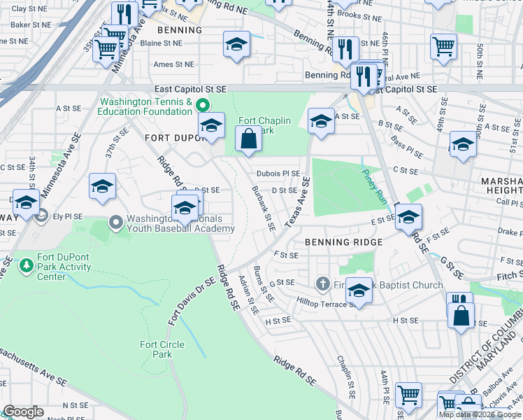 map of restaurants, bars, coffee shops, grocery stores, and more near 423 Burbank Street Southeast in Washington