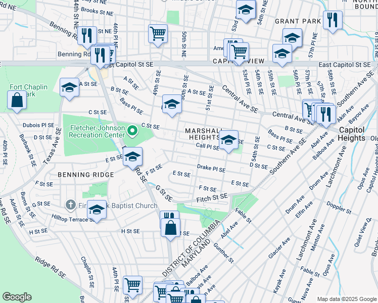 map of restaurants, bars, coffee shops, grocery stores, and more near 5032 D Street Southeast in Washington