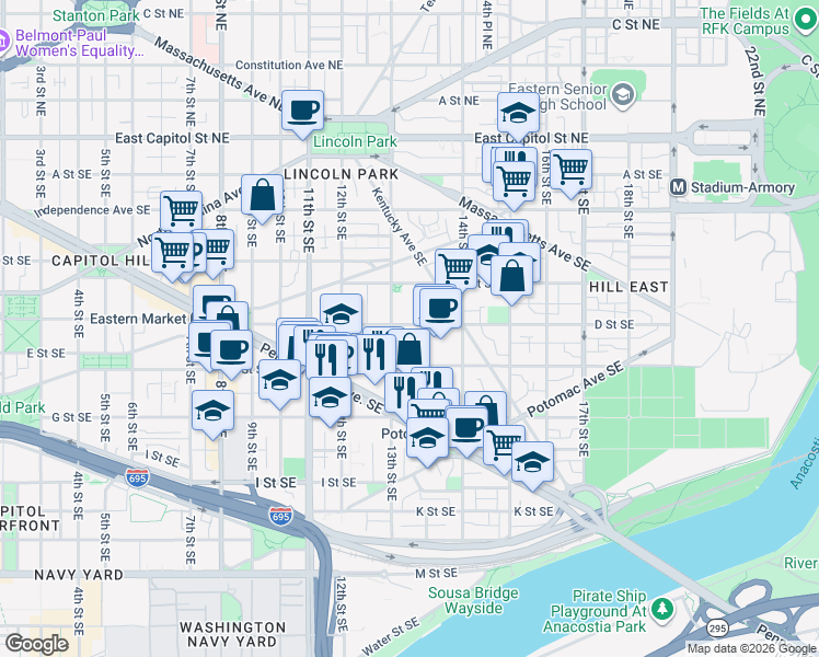 map of restaurants, bars, coffee shops, grocery stores, and more near 101 Independence Avenue Southeast in Washington