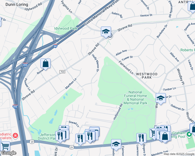 map of restaurants, bars, coffee shops, grocery stores, and more near 2593 Holly Manor Drive in Falls Church