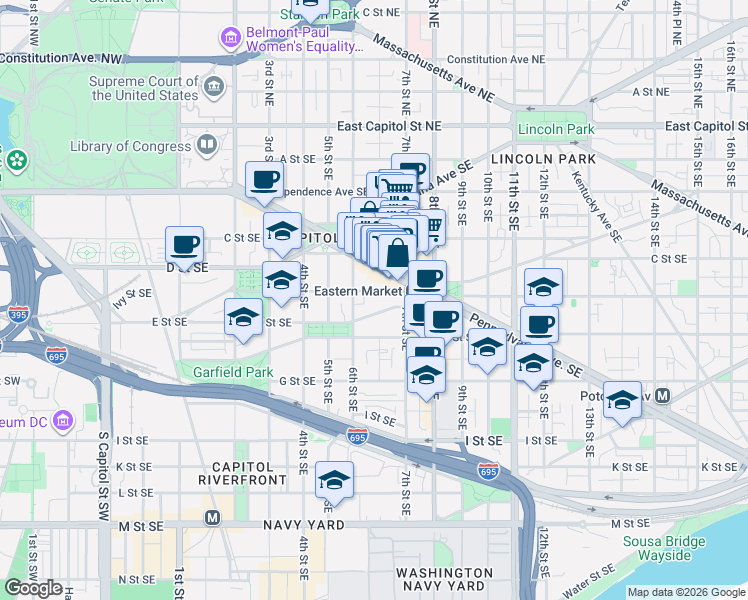 map of restaurants, bars, coffee shops, grocery stores, and more near 101 Independence Avenue Southeast in Washington