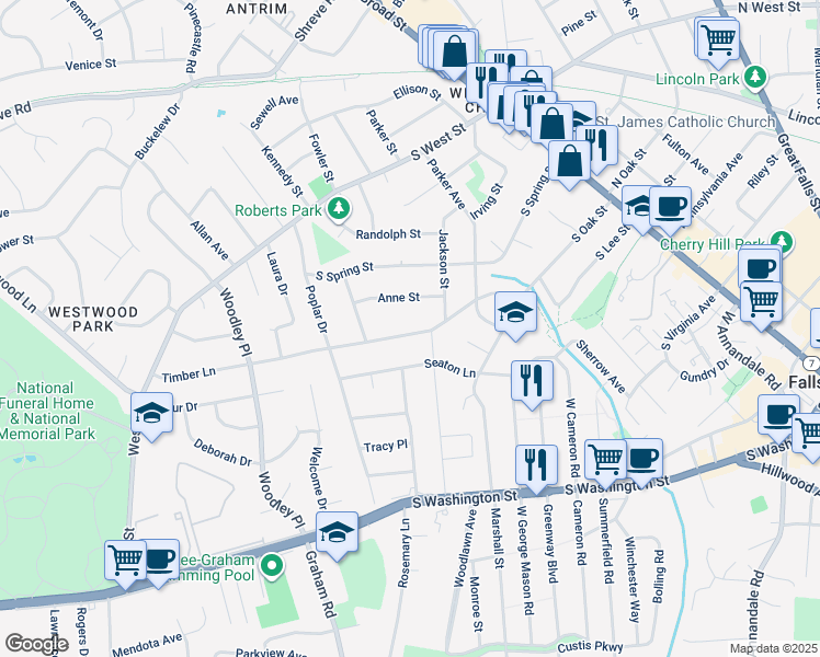 map of restaurants, bars, coffee shops, grocery stores, and more near 508 Timber Lane in Falls Church