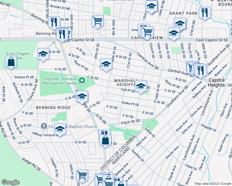 map of restaurants, bars, coffee shops, grocery stores, and more near 5032 D Street Southeast in Washington