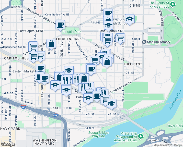 map of restaurants, bars, coffee shops, grocery stores, and more near 101 Independence Avenue Southeast in Washington