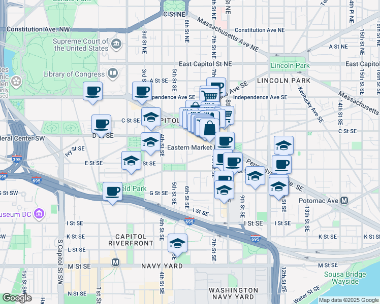 map of restaurants, bars, coffee shops, grocery stores, and more near 101 Independence Avenue Southeast in Washington