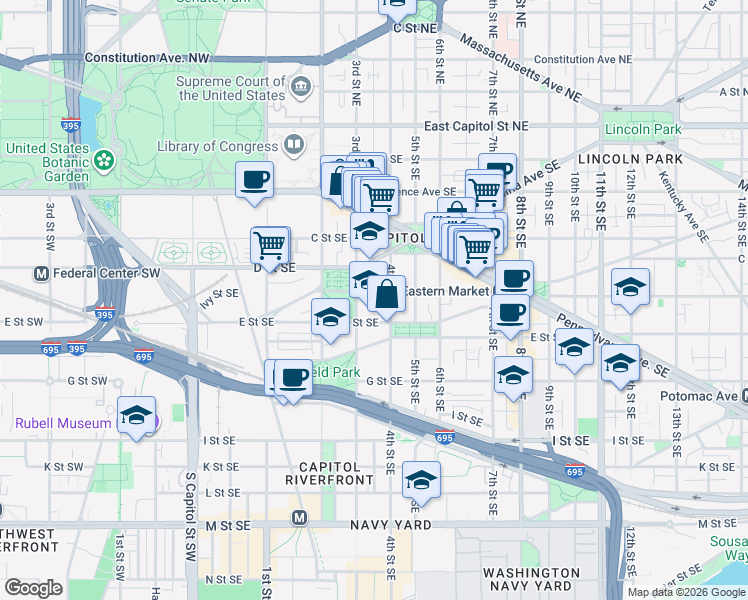 map of restaurants, bars, coffee shops, grocery stores, and more near 101 Independence Avenue Southeast in Washington