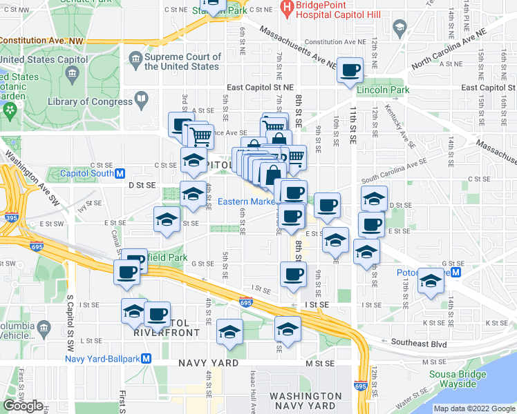 map of restaurants, bars, coffee shops, grocery stores, and more near 630 South Carolina Avenue Southeast in Washington