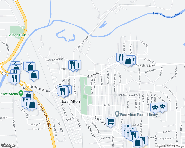 map of restaurants, bars, coffee shops, grocery stores, and more near 125 East Main Street in East Alton