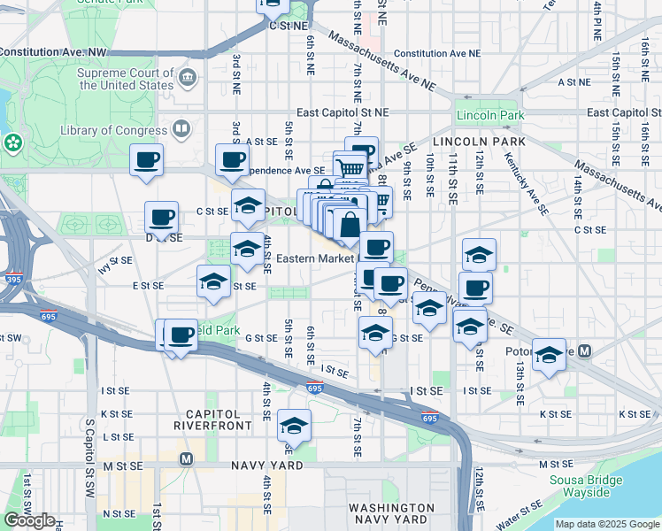 map of restaurants, bars, coffee shops, grocery stores, and more near 630 South Carolina Avenue Southeast in Washington