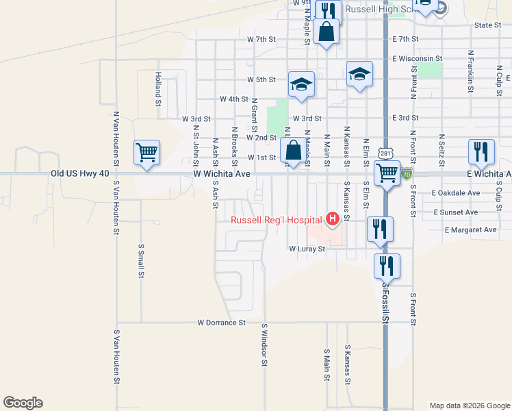 map of restaurants, bars, coffee shops, grocery stores, and more near 100-198 South Grant Street in Russell