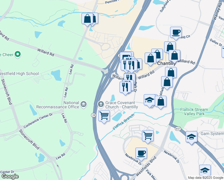 map of restaurants, bars, coffee shops, grocery stores, and more near 4502 Brookfield Corporate Drive in Chantilly