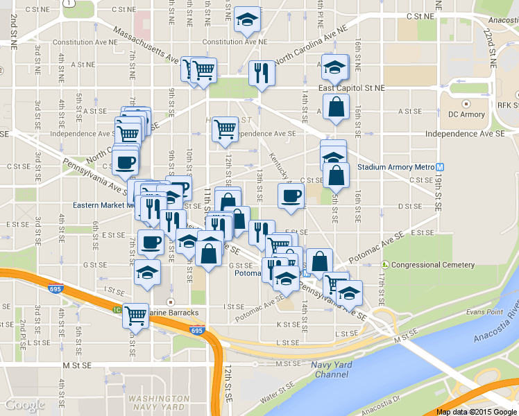 map of restaurants, bars, coffee shops, grocery stores, and more near 13th Street Southeast in Washington