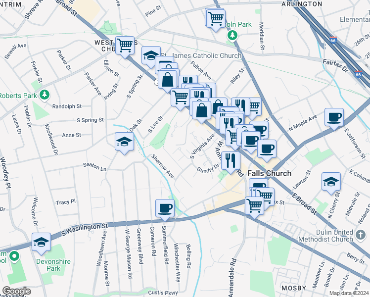 map of restaurants, bars, coffee shops, grocery stores, and more near 434 Hampton Court in Falls Church