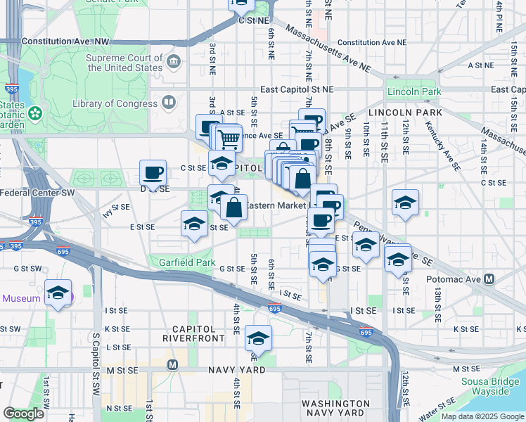 map of restaurants, bars, coffee shops, grocery stores, and more near 511 D Street Southeast in Washington