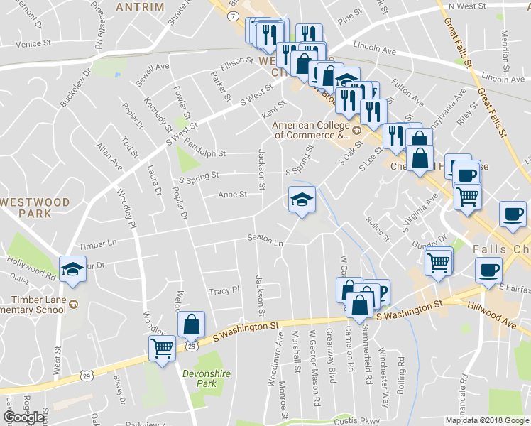 map of restaurants, bars, coffee shops, grocery stores, and more near 409 Timber Lane in Falls Church