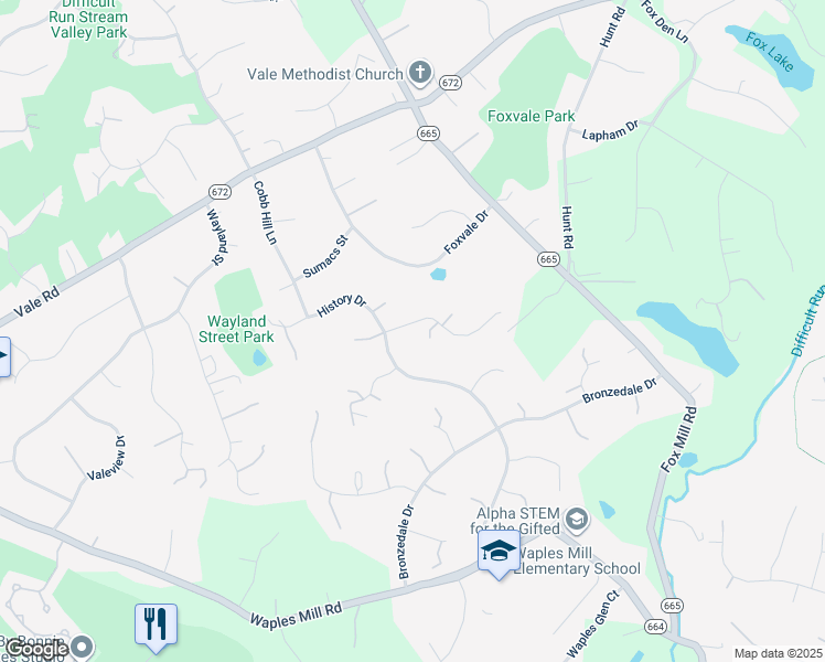 map of restaurants, bars, coffee shops, grocery stores, and more near 11697 Fox Glen Drive in Oakton