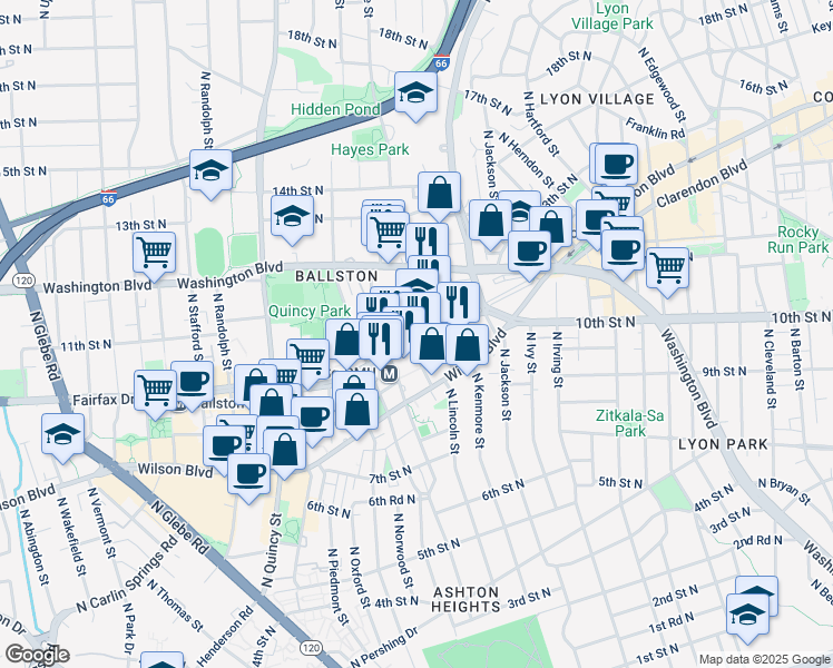 map of restaurants, bars, coffee shops, grocery stores, and more near 3501 Fairfax Drive in Arlington