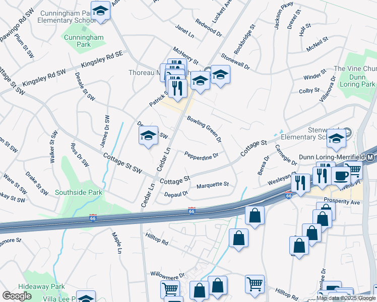 map of restaurants, bars, coffee shops, grocery stores, and more near 8604 Pepperdine Drive in Vienna