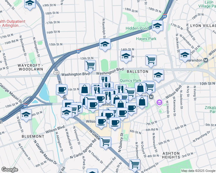 map of restaurants, bars, coffee shops, grocery stores, and more near North Randolph Street in Arlington