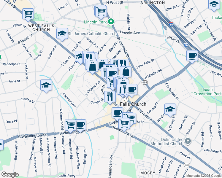 map of restaurants, bars, coffee shops, grocery stores, and more near 301 West Broad Street in Falls Church