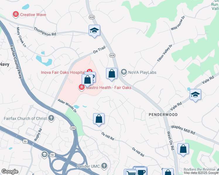 map of restaurants, bars, coffee shops, grocery stores, and more near 3628 Rocky Meadow Court in Fairfax