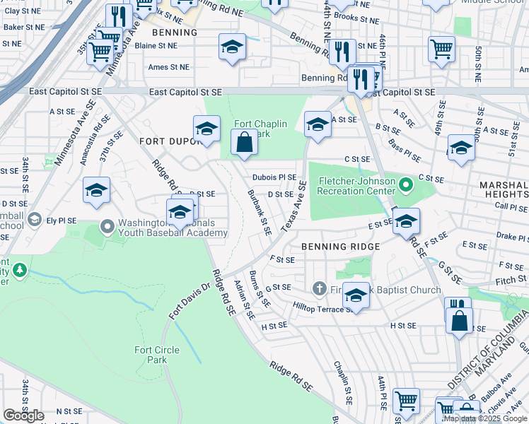 map of restaurants, bars, coffee shops, grocery stores, and more near 432 Burbank Street Southeast in Washington