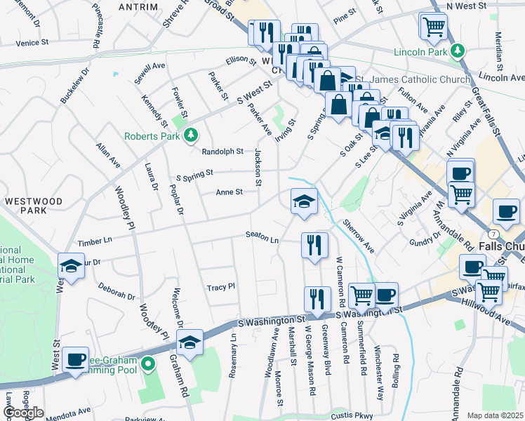 map of restaurants, bars, coffee shops, grocery stores, and more near 409 Timber Lane in Falls Church