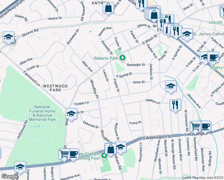 map of restaurants, bars, coffee shops, grocery stores, and more near 608 Laura Drive in Falls Church