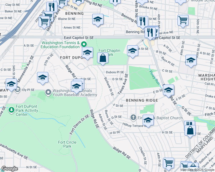 map of restaurants, bars, coffee shops, grocery stores, and more near 421 Burbank Street Southeast in Washington