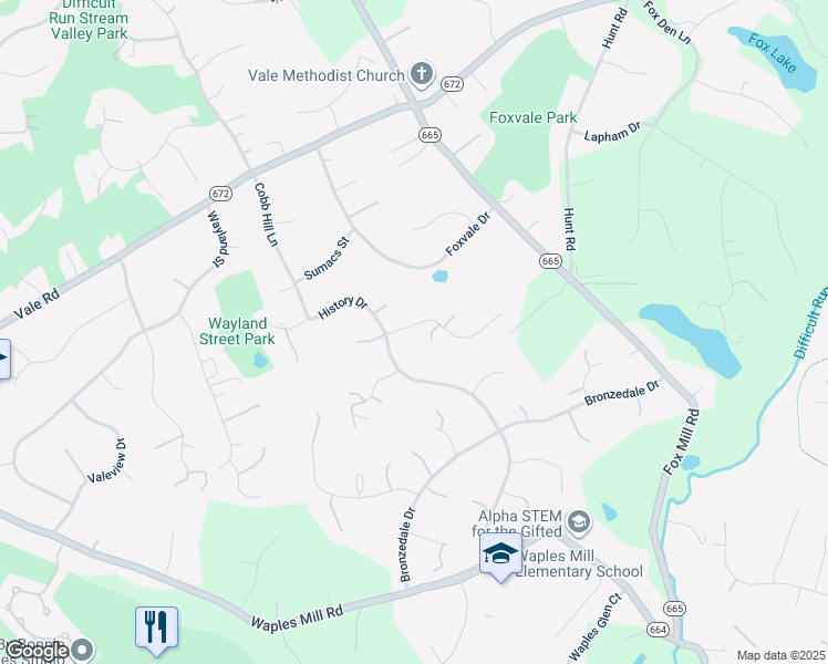 map of restaurants, bars, coffee shops, grocery stores, and more near 11697 Fox Glen Drive in Oakton