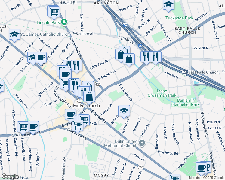 map of restaurants, bars, coffee shops, grocery stores, and more near 330 North Washington Street in Falls Church