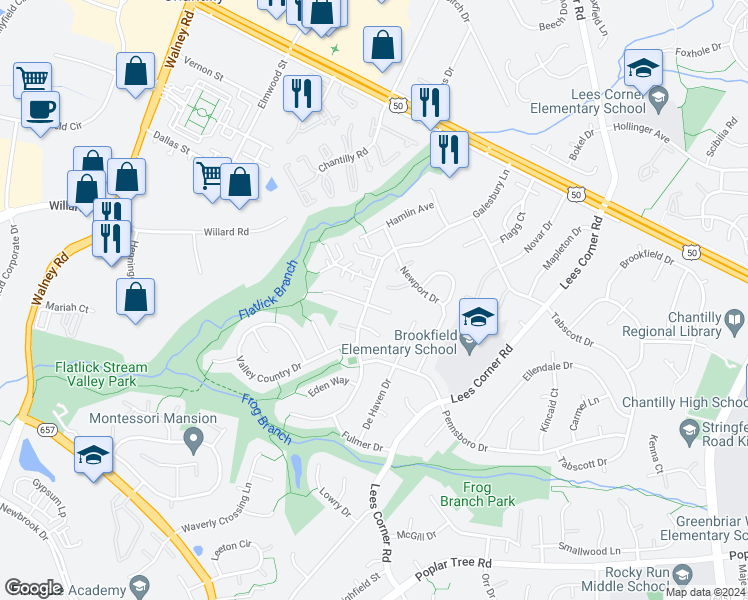 map of restaurants, bars, coffee shops, grocery stores, and more near 13708 Country Crossing Court in Chantilly