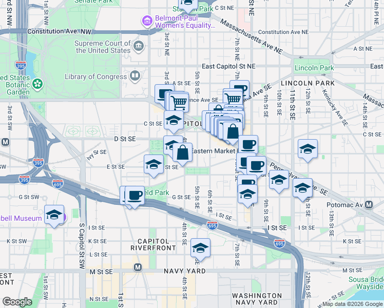 map of restaurants, bars, coffee shops, grocery stores, and more near 101 Independence Avenue Southeast in Washington