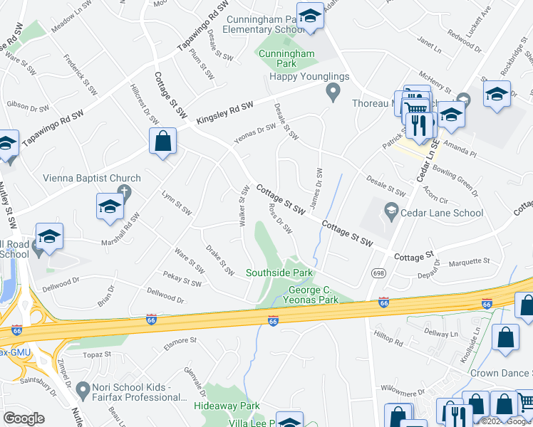 map of restaurants, bars, coffee shops, grocery stores, and more near 1207 Ross Drive Southwest in Vienna