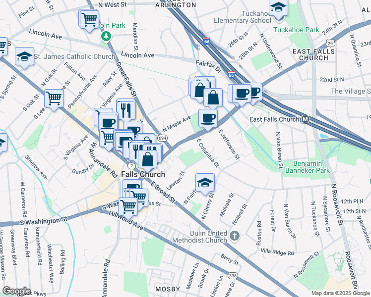 map of restaurants, bars, coffee shops, grocery stores, and more near 330 North Washington Street in Falls Church