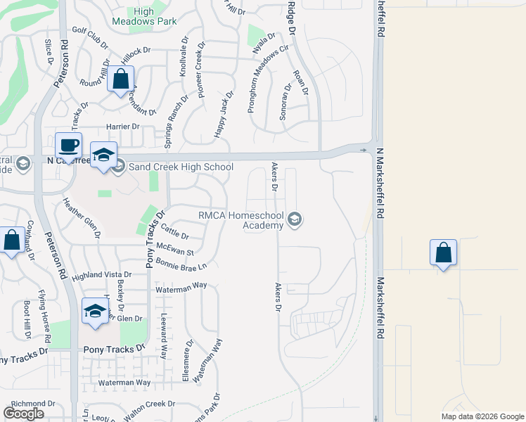map of restaurants, bars, coffee shops, grocery stores, and more near 3989 Reindeer Circle in Colorado Springs