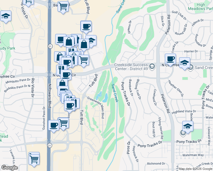 map of restaurants, bars, coffee shops, grocery stores, and more near 3673 Golf Course View in Colorado Springs