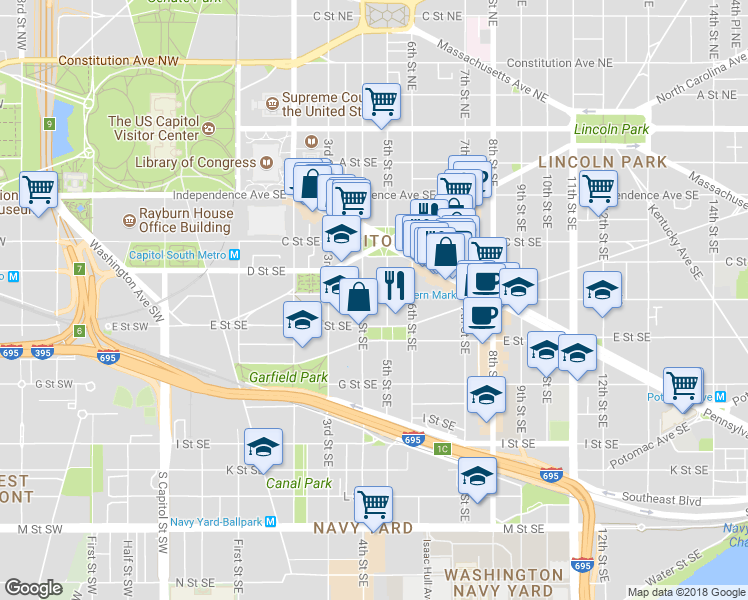 map of restaurants, bars, coffee shops, grocery stores, and more near 101 Independence Avenue Southeast in Washington