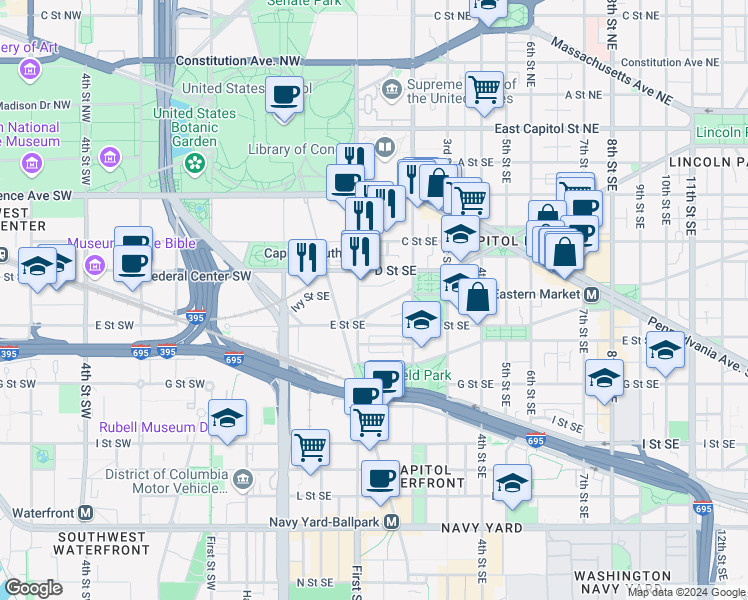 map of restaurants, bars, coffee shops, grocery stores, and more near 101 Independence Avenue Southeast in Washington