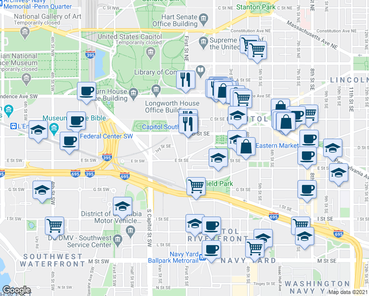 map of restaurants, bars, coffee shops, grocery stores, and more near 101 Independence Avenue Southeast in Washington