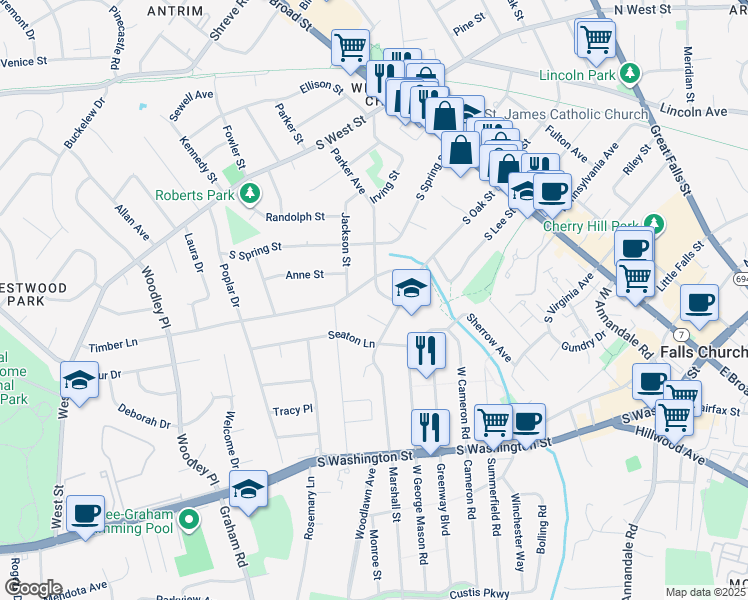 map of restaurants, bars, coffee shops, grocery stores, and more near 306 Parker Avenue in Falls Church