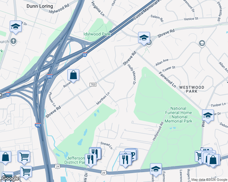map of restaurants, bars, coffee shops, grocery stores, and more near 7721 Marthas Lane in Falls Church