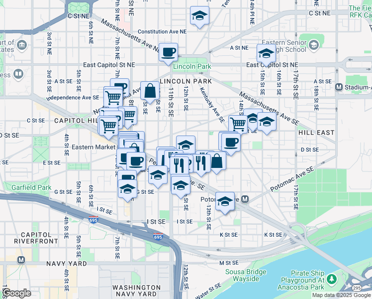 map of restaurants, bars, coffee shops, grocery stores, and more near D St SE & 12th St SE in Washington